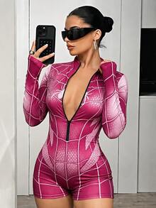 SHEIN ICON Women's Spider Print Casual Daily Wear Romper - Hot Pink - View 7
