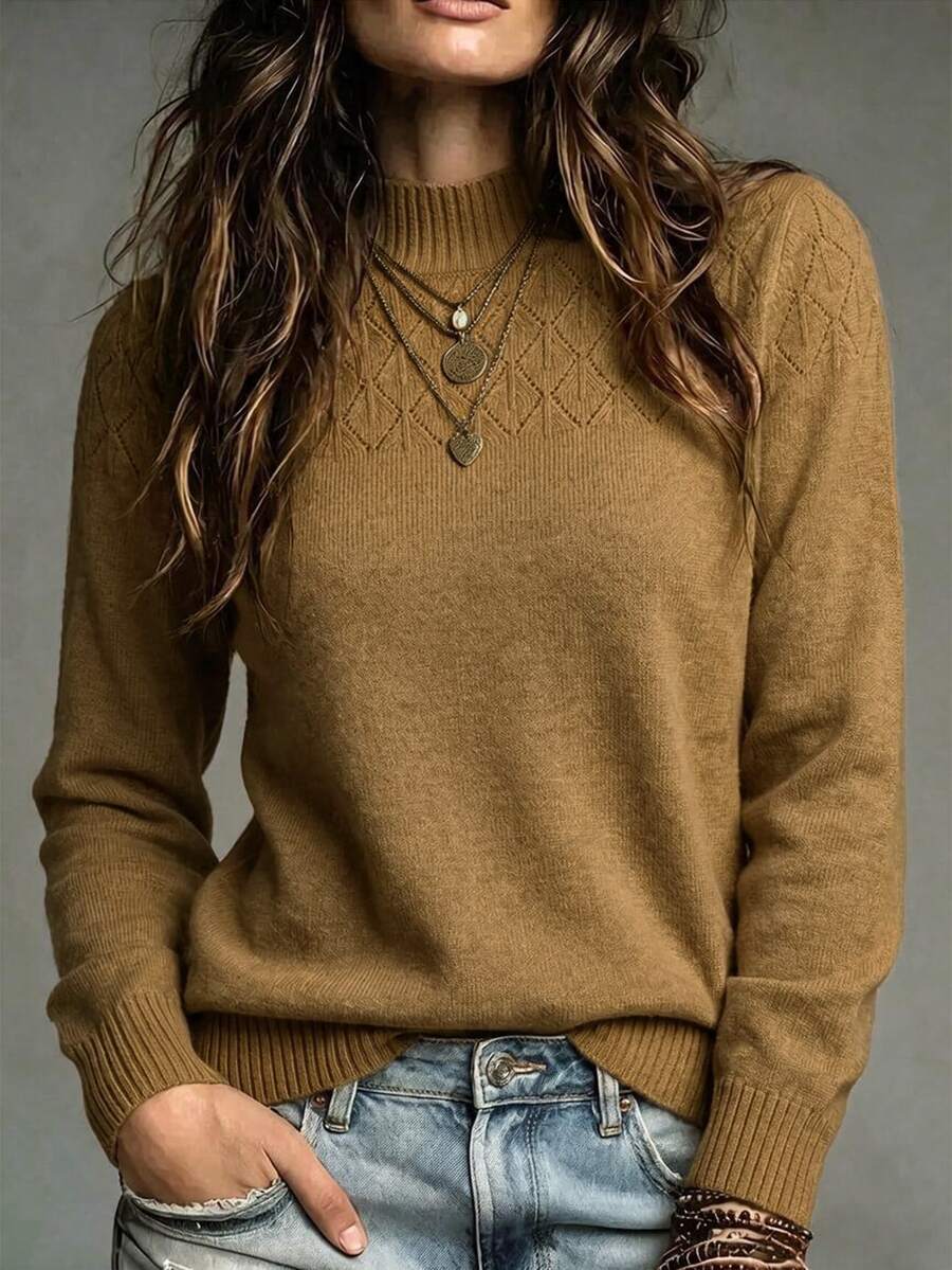 SHEIN 女款休閒藍色高領長袖針織衫,秋冬款 - 駝色 - 查看 1