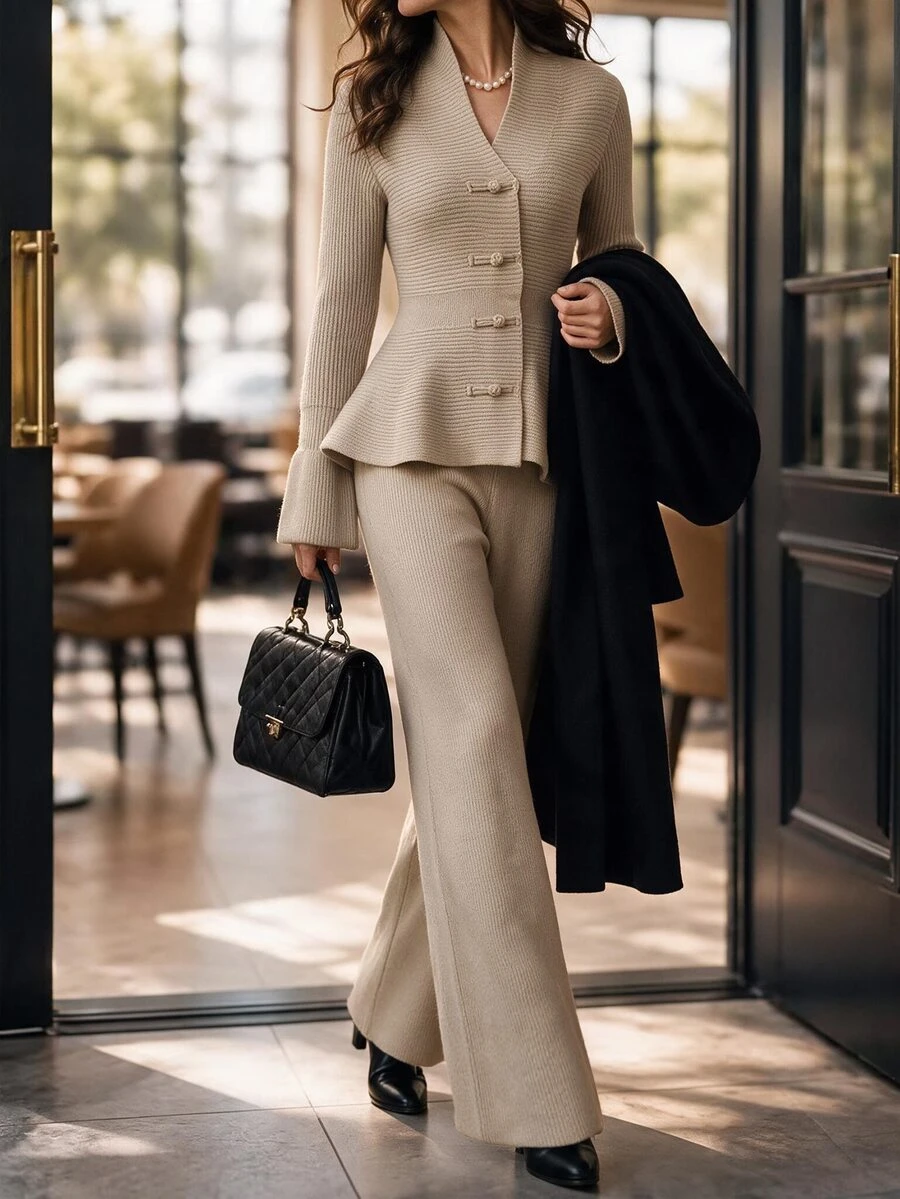 Louniche Setelan 2 Potong Wanita Terbaru Musim Gugur/Dingin: Sweater Rajut Pullover dengan Hem Berumbai, Atasan Lengan Panjang dan Kancing Katak, Celana Panjang Lebar, Warna Khaki, Busana Elegan untuk Perjalanan Sehari-hari - Khaki - View 1