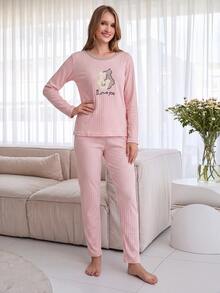 EURMUSE 100% Cotton 2 Pcs  Cat Embroidered Detail Shirt And Striped Sleep Bottom PJ Set - Multicolor - View 5