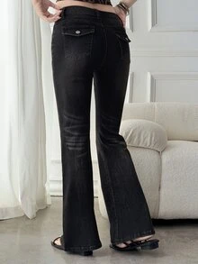 DAZY Women's Casual Versatile Flare Leg Denim Jeans With Pockets Fall - Black - View 2