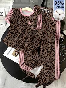 Comfortcana Women's Leopard Print Rider Pattern Short Sleeve Top And Pants Casual Daily 2 Pieces Set - Multicolor - View 7
