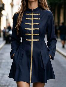Balvessa Women's Woven Strap Design Long Sleeve Pocket Casual Napoleon Dress - Navy Blue - View 1
