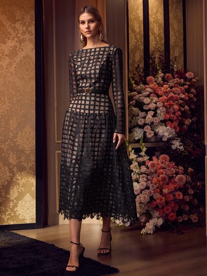 MOTF Soiréza FASHIONABLE LUXURY DESIGN PLAID EMBROIDERED TEXTURED WOMEN'S LONG SLEEVE COCKTAIL EVENING DRESS DRESS