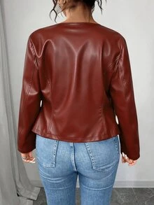 SHEIN PETITE CURVE 大尺碼女款經典百搭PU夾克，小個子系列秋冬女裝 - 紅色 - 查看 2