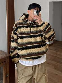DAZY Autumn/Winter Teddy Fleece Vintage Striped Zip-Up Half-Open Hooded Sweatshirt For Men, Korean Style Hoodies - Multicolor - View 3