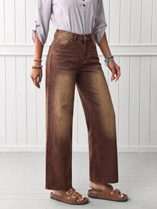 SHEIN Tall 女款直筒寬鬆休閒百搭牛仔褲，附口袋 - 咖啡棕 - 查看 7