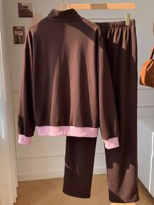 SHEIN EZwear 大尺碼拼色拉鍊長袖運動衫與寬鬆長褲兩件套，棕色休閒寬鬆性感，適合秋季旅行、派對與居家 - 鏽棕色 - 查看 2