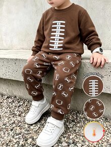 男嬰 2 件套極簡時尚趣味足球印花圓領長袖抓絨加厚衛衣上衣與足球印花長褲套裝，柔軟舒適，適合運動、外出、聖誕節，秋冬穿著 - 彩色 - 查看 8
