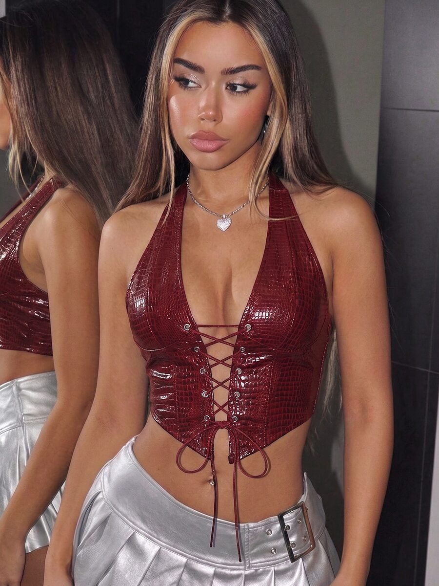 SHEIN ICON Women's Eyelet Tie Fitted Cropped Sexy Halter Neck Tank Top - Burgundy - View 1