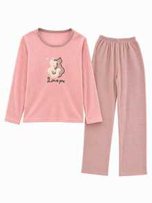 EURMUSE 100% Cotton 2 Pcs  Cat Embroidered Detail Shirt And Striped Sleep Bottom PJ Set - Multicolor - View 3