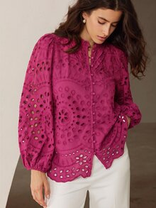 BELROSIE 秋季新款法式風情高級休閒重工刺繡鏤空百褶泡泡長袖襯衫 - 玫紅色 - 查看 4