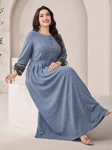 Al Najma Plus Size Women Solid Color Pleated Casual Party Arabian Dress - Dusty Blue - View 9
