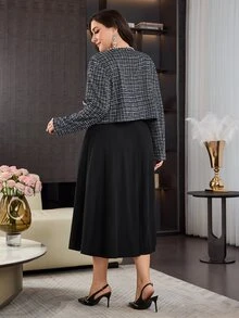 Modelyn Elegant Tweed Pearl Trim Long Sleeve Short Jacket And Black Ribbed Crew Neck Sleeveless Waist-Cinching A-Line Regular Mid-Length Dress, Plus Size 2 Pieces Set For Autumn/Winter, Suitable For Wedding, Party, Commute - Multicolor - View 2