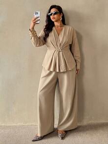 Auralis Plus Size Cross V-Neck Metal Buckle Decor Long Sleeve Top & Straight Leg Pants/Elastic Waistband Set/Khaki – Work/Casual - Khaki - View 7