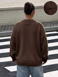 Muchica 大尺碼女款側條紋鈕扣設計針織開襟衫，適合正式場合、畢業典禮、度假與休閒穿著，白色，適合秋冬季節，結合 80s/90s 復古風格 - 棕色 - 查看 2