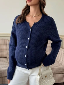 Dazy Maternity Solid Color Fitted Long Sleeve Twisted Rope Vintage Casual Korean Style Daily Autumn/Winter Knit Cardigan For Pregnant Women - Navy Blue - View 7