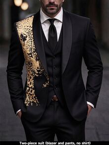 Manfinity AFTRDRK Men's Fashion Printed Single-Breasted Suit Jacket And Pants Set, For Parties And Performances, Formal Occasions, And Ceremonies - Black - View 1