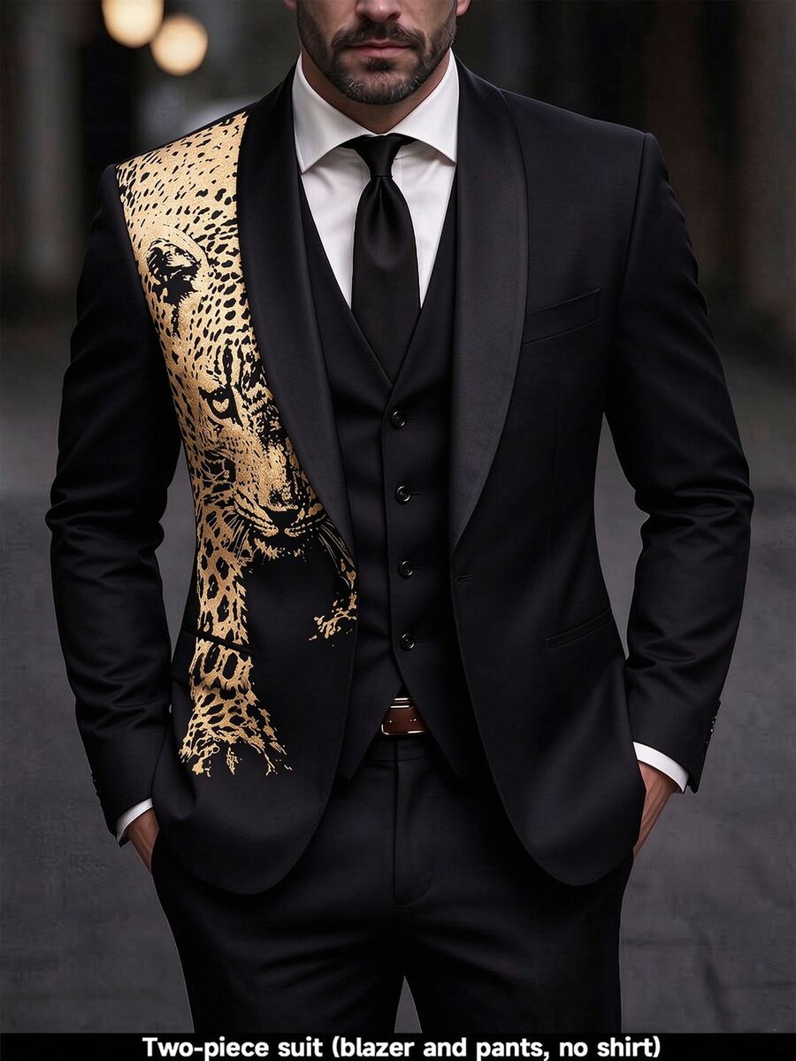 Manfinity AFTRDRK Men's Fashion Printed Single-Breasted Suit Jacket And Pants Set, For Parties And Performances, Formal Occasions, And Ceremonies - Black - View 1
