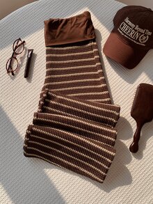 Comfortcana Large Flanged Waist With Patchwork Texture Striped Flared Pants, Suitable For Casual Wear - Brown - View 3