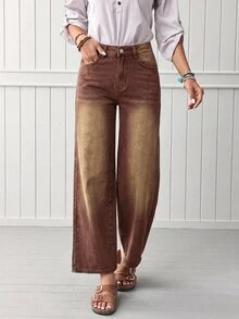 SHEIN Tall 女款直筒寬鬆休閒百搭牛仔褲，附口袋 - 咖啡棕 - 查看 14