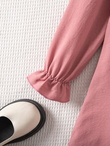 SHEIN 少女花卉刺繡荷葉領長袖可愛洋裝 - 粉色 - 查看 7