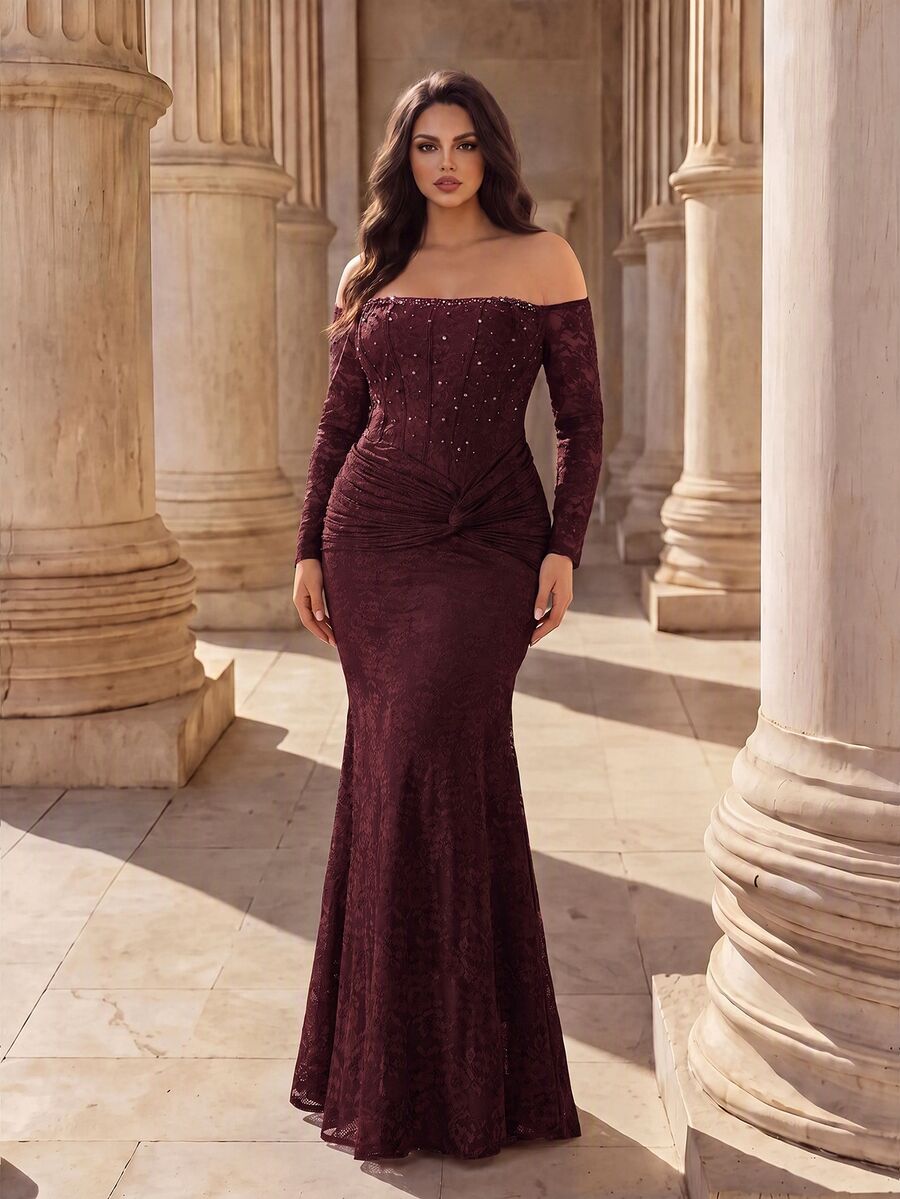 Coutiva Elegant Classy Cold Shoulder Fitted Long Evening Dress For Formal Dinner Evening Banquet Wedding Brown Autumn - Burgundy - View 1
