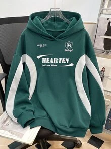 SHEIN 青少年女孩拼色字母印花寬鬆休閒運動衫 秋冬款 - 綠色 - 查看 1