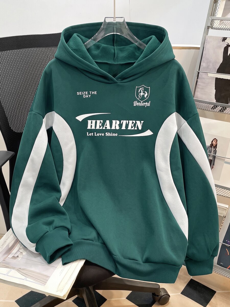 SHEIN 青少年女孩拼色字母印花寬鬆休閒運動衫 秋冬款 - 綠色 - 查看 1