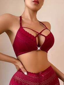 SHEIN 1 áo ngực ren nữ cài trước, nâng ngực đẩy cao - Đỏ - Xem 4