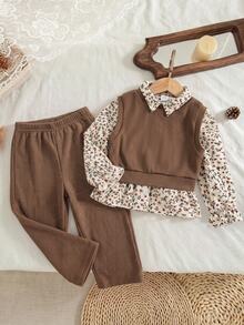 SHEIN Baby Girl 3 Pieces Set Floral Ruffle Long Sleeve Shirt, Elastic Ribbed Thick Vest, Thick Straight Leg Autumn Pants, Versatile For Winter - Brown - View 5