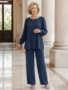 EMERY ROSE Middle-Aged Women Faux Pearl Decor Long Sleeve Top And Casual Pants Set - Blue - View 4