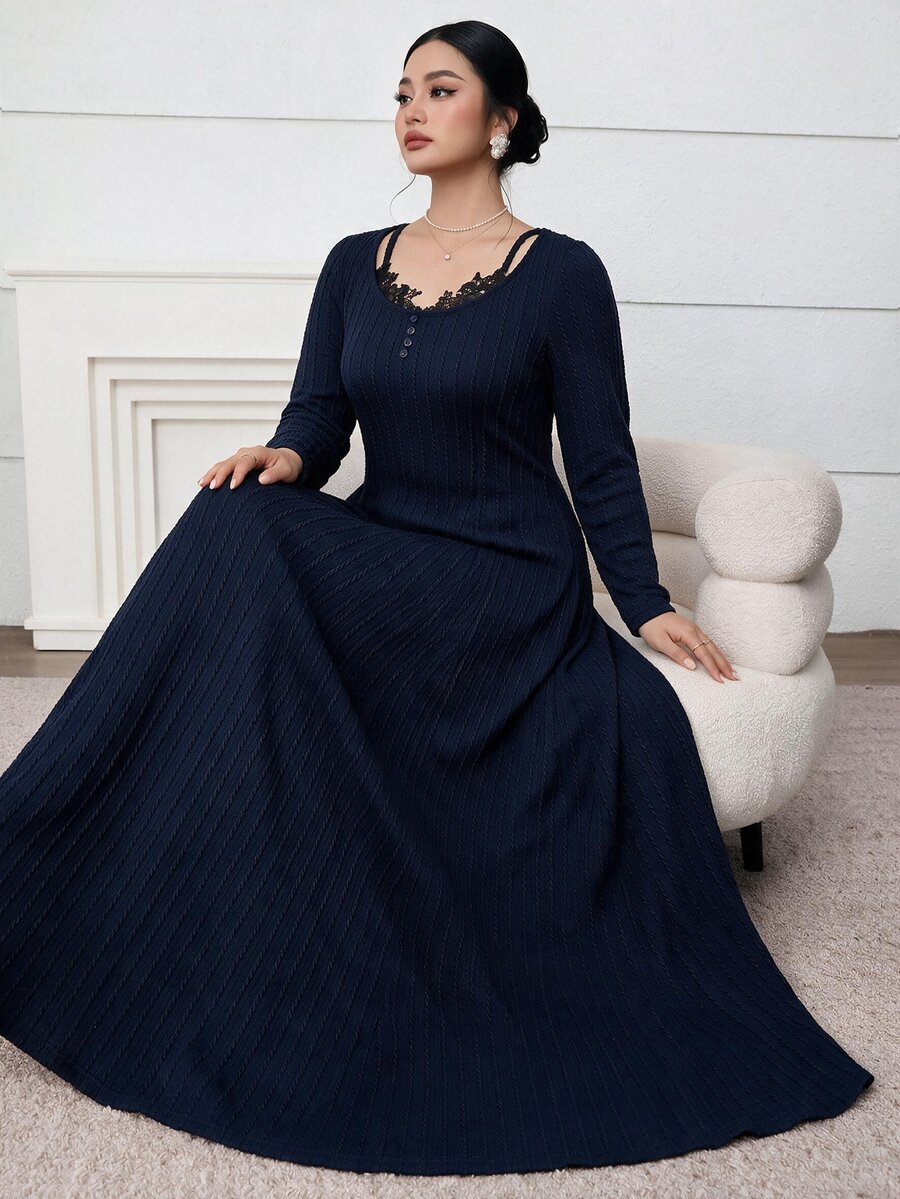 Feyla Plus Size Women's Contrast Lace Long Sleeve Elegant Dress - Navy Blue - View 1