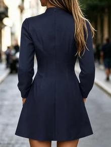 Balvessa Women's Woven Strap Design Long Sleeve Pocket Casual Napoleon Dress - Navy Blue - View 2
