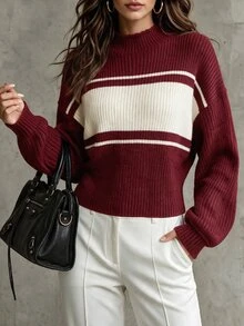 SHEIN كنزة صوفية نسائية جديدة للخريف والشتاء بتصميم كتل لونية عتيقة وياقة وهمية. ملابس علوية حمراء أنيقة بقصة ضيقة وأكمام فانوس. نسيج صوفي مضلع ناعم، طابع عتيق. - متعدد الألوان - مشاهدة 5
