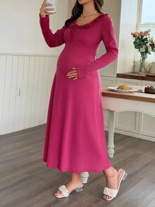 DAZY Đầm bầu ôm dáng dáng ô màu trơn phối viền ren, thanh lịch, mặc ở nhà và hằng ngày, xuân/thu - Màu Hồng Tươi - Xem 3