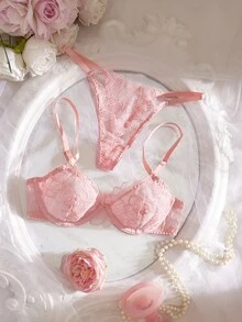 Crystal Vow Women's Romantic Embroidered Underwire Bra And Thong Panty 2-Piece Lingerie Set - Dusty Pink - View 4