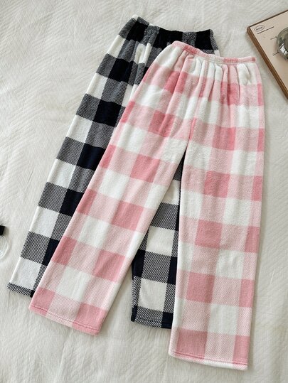 Napfluff 2pcs Women's Casual Plaid Coral Fleece Pajama Pants