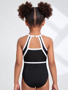SHEIN Áo leotard sát nách in họa tiết cho bé gái, đồ tập thể dục dụng cụ, mặc được quanh năm thu đông - Đen và trắng - Xem 2