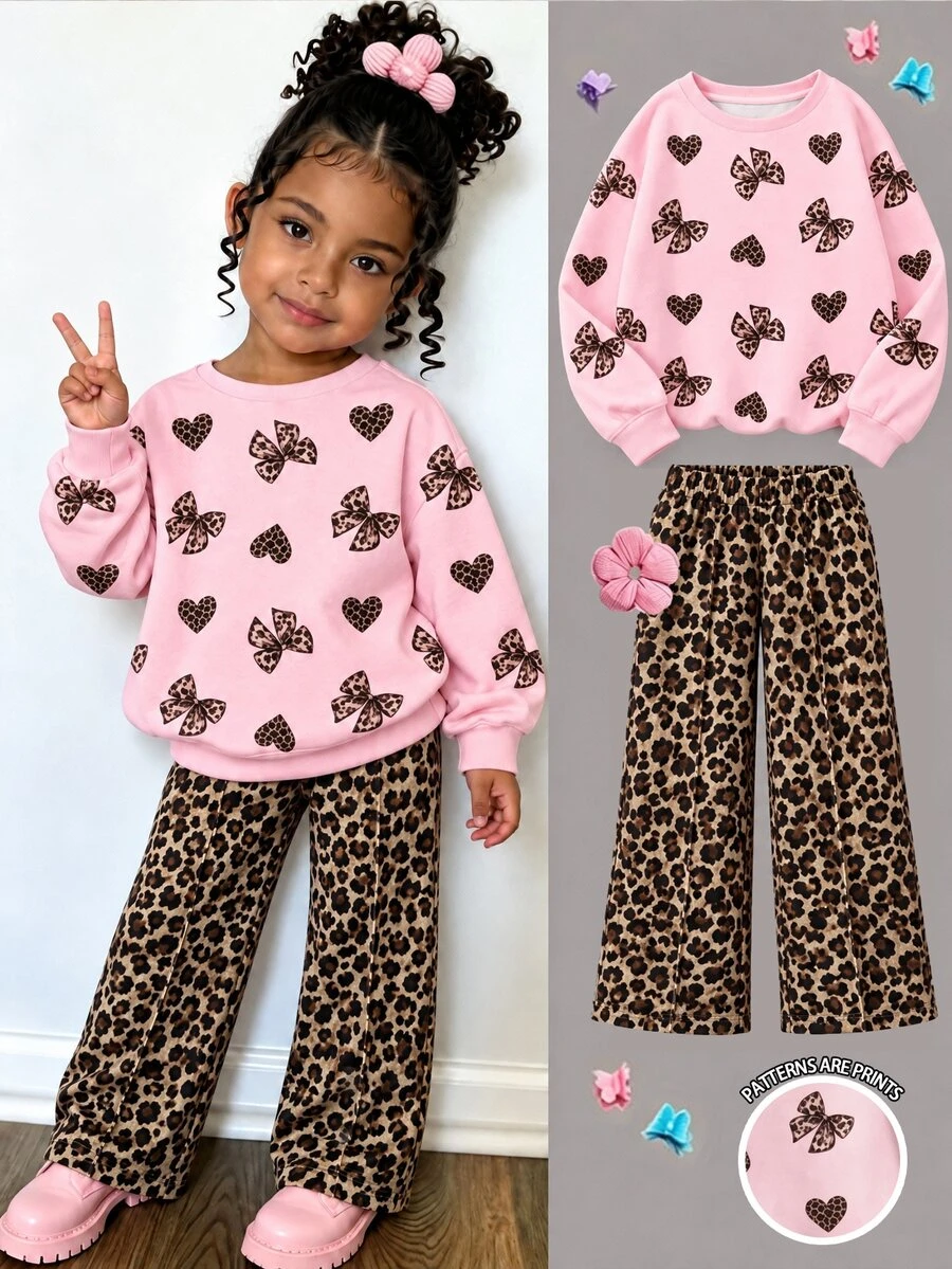 Baby Girls 2pcs Set Fashion Casual Leopard Print Bow Heart Print Crew Neck Long Sleeve Sweatshirt Leopard Print Wide Leg Pants Soft Fabric Suitable For Christmas Outings Autumn/Winter - Multicolor - View 1