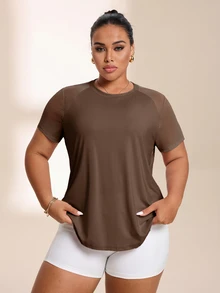 SHEIN Rhythm Era Kaos Olahraga Fashion Wanita Ukuran Besar dengan Leher Bulat dan Lengan Pendek Model Raglan - Coffee Brown - View 5
