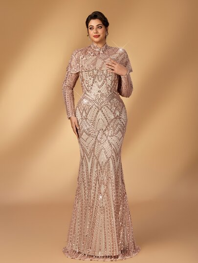 Serin Plus Size Elegant Romantic Chinese Collar Long Sleeve Sheer Apricot Luxury Pearl Bead Sequin Embroidered Mesh Patchwork Mermaid Skirt With Small Shawl, Suitable For Wedding, Party, Bachelor Party, Vacation, Ball, Festival, Evening Gown