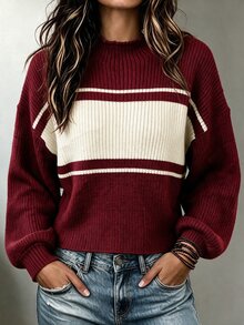 SHEIN كنزة صوفية نسائية جديدة للخريف والشتاء بتصميم كتل لونية عتيقة وياقة وهمية. ملابس علوية حمراء أنيقة بقصة ضيقة وأكمام فانوس. نسيج صوفي مضلع ناعم، طابع عتيق. - متعدد الألوان - مشاهدة 1