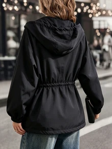 EMERY ROSE Plus Size Women's Solid Color Hooded Zip-Up Jacket With Adjustable Waist And Dual Pockets, Casual Commuter Daily Versatile Outerwear - Black - View 2