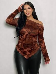 Firerie Plus Size Women's All-Over Print One-Shoulder Ruched Casual Daily T-Shirt - Multicolor - View 4