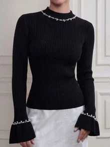 Modelyn Women's Black Beaded Slim Fit Autumn/Winter Sweater - Black - View 6
