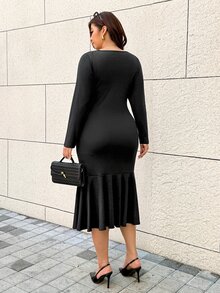 Easura 大尺碼修身優雅圓領時尚通勤長袖人造皮革拼接魚尾長洋裝 秋季 - 黑色 - 查看 2