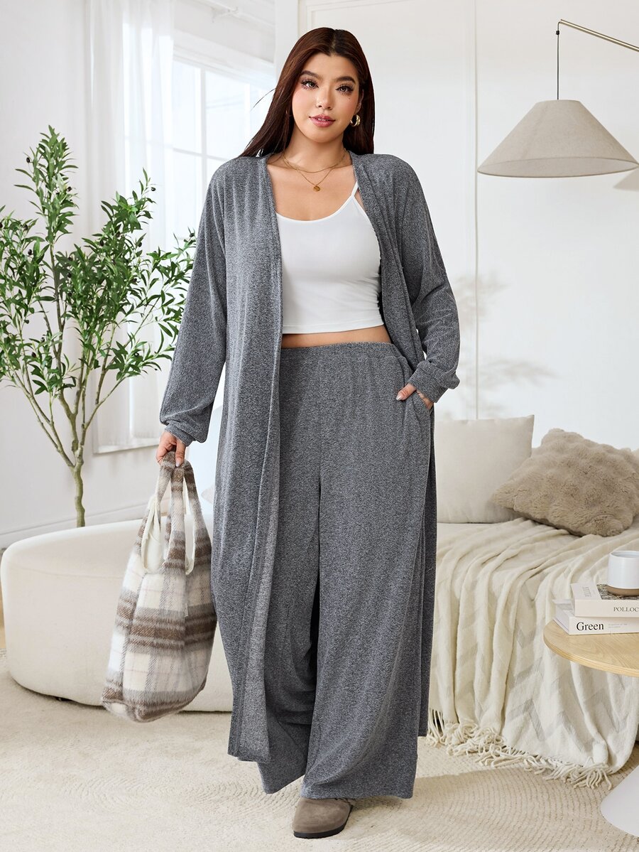Solflare Plus Size Minimalist Camisole, Loose Pants And Long Sleeve Cardigan 3 Pieces Set - Light Grey - View 1