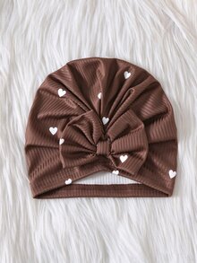 SHEIN Baby Girl 2pcs Ribbed Heart Print Footed Romper With Ruffle & Bow Hat Set, Soft Knit Autumn Daily Wear - Brown - View 3