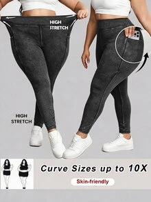 SHEIN CURVE+ بنطلون جينز ضيق عالي المرونة مع جيوب جانبية كاجوال مقاس كبير - الأسود - مشاهدة 1